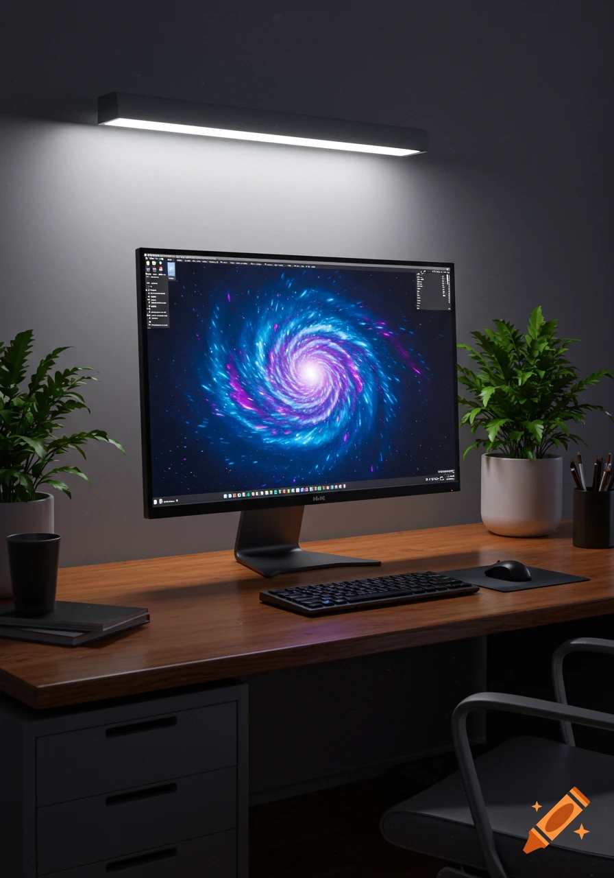 A dark, modern workspace features a monitor displaying a vibrant blue and purple galaxy, keyboard, mouse, and two green potted plants on a wooden desk.