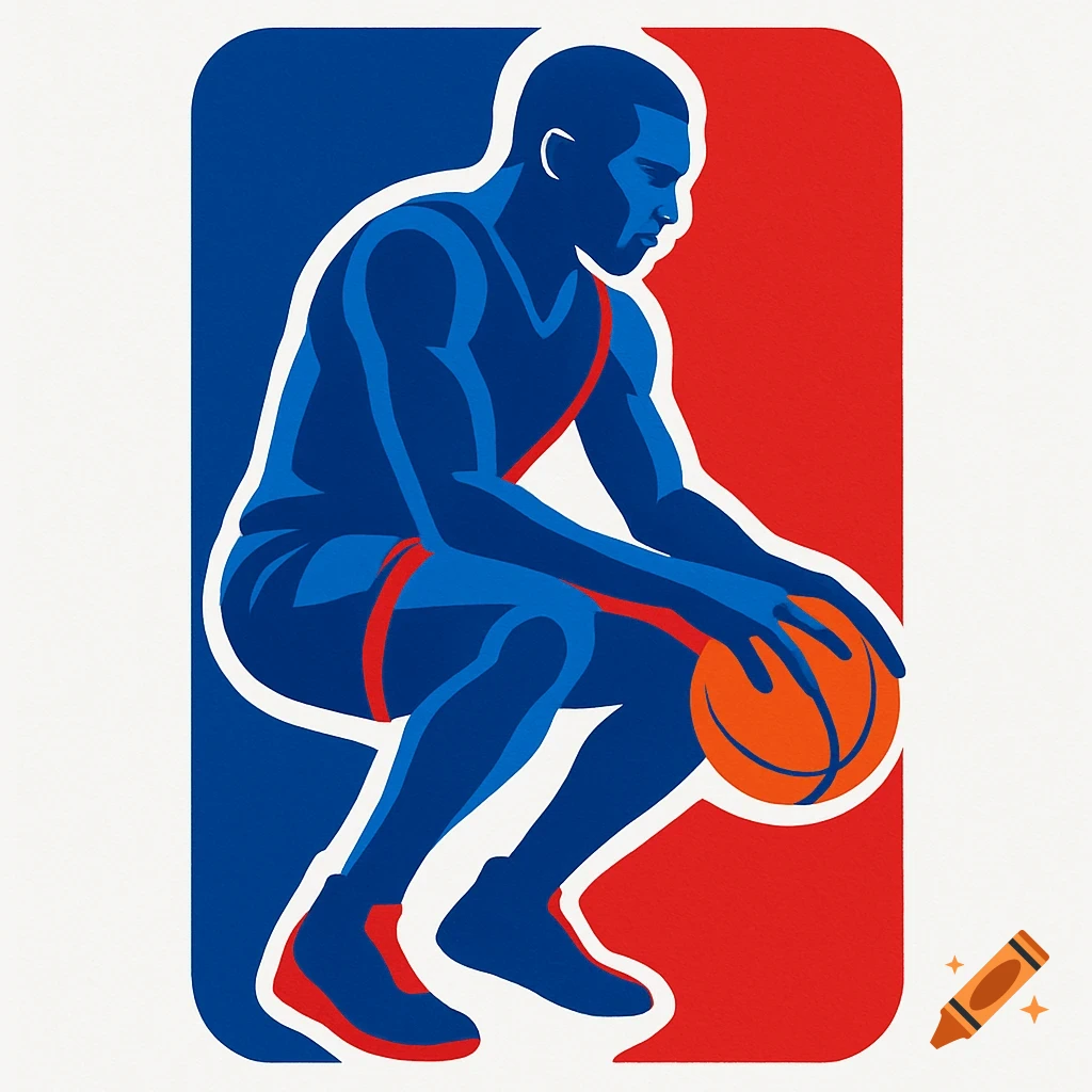 Stylized graphic of a basketball player in a blue uniform squatting with an orange basketball against a red and blue background.