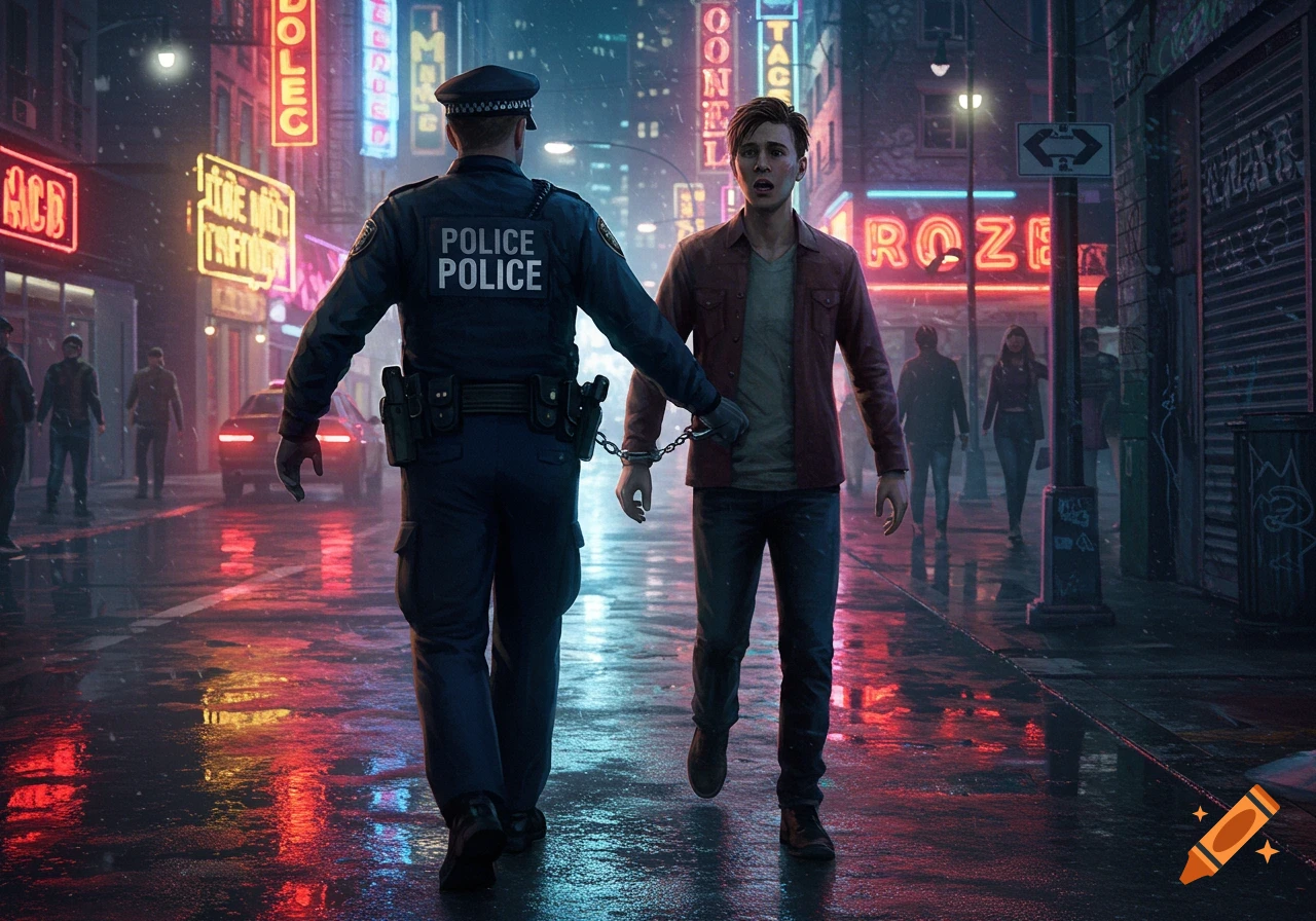 A police officer escorts a man in handcuffs down a wet, neon-lit city street at night. The street reflects the colorful light from various signs.