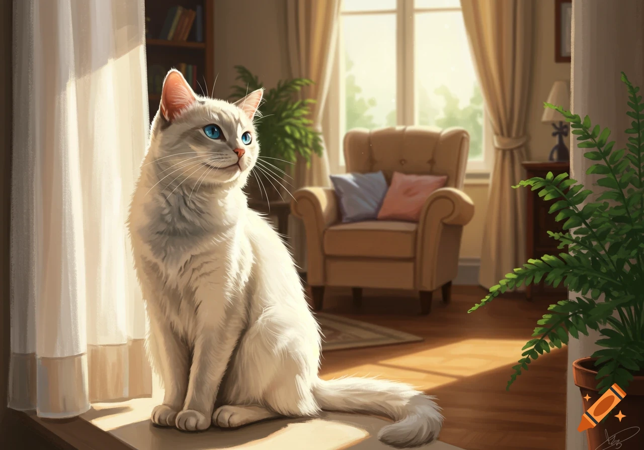 A white cat with blue eyes sits bathed in sunlight on a windowsill in a cozy, digitally painted room.