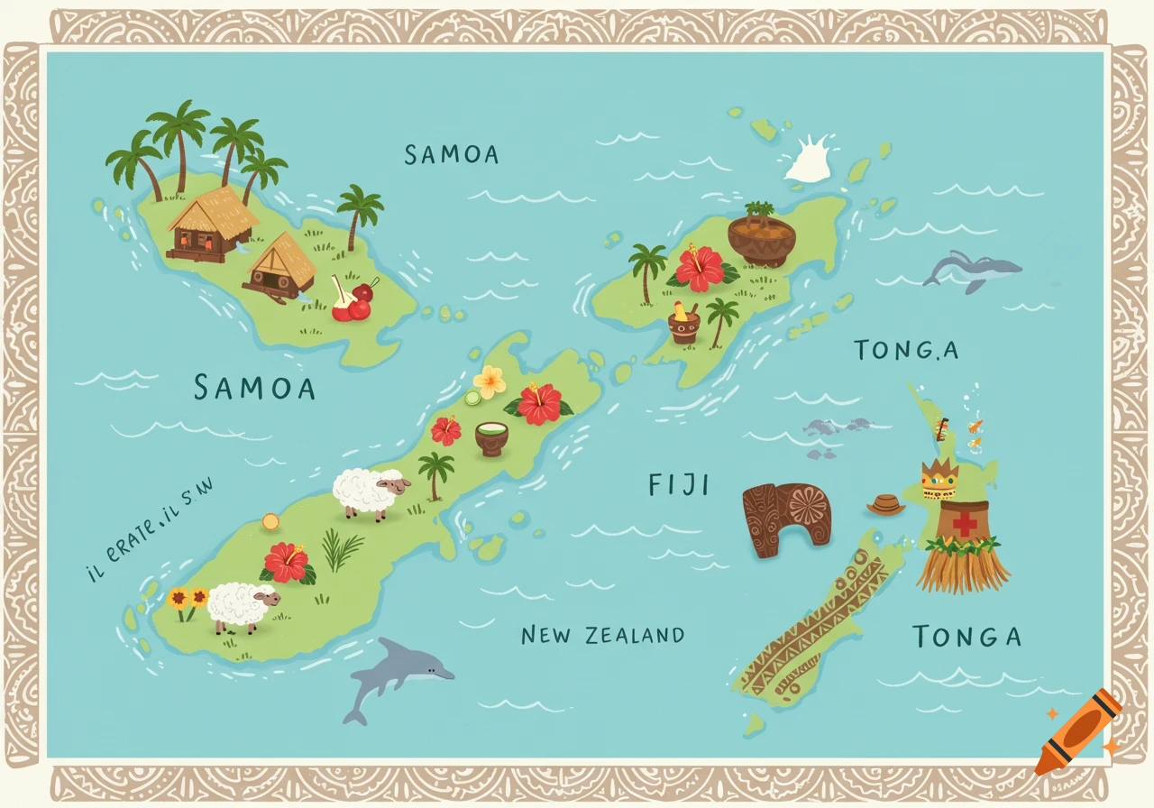 A cute, colorful cartoon map of various islands, including Samoa, Fiji, New Zealand, and Tonga, with cultural elements.
