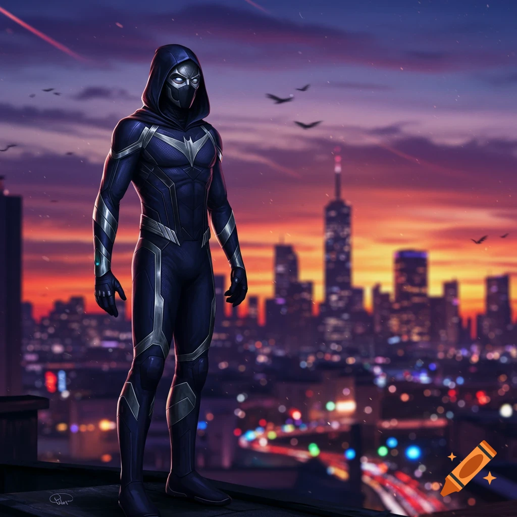 A hooded superhero in a dark blue and silver suit stands on a rooftop overlooking a vibrant city skyline at sunset.