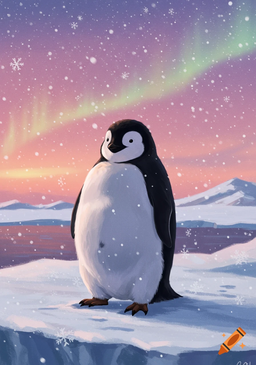 An illustration of a fluffy emperor penguin standing on an icy floe with a pink and purple aurora sky and falling snow.