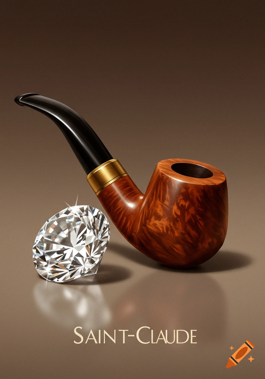 A close-up still life of a classic wooden smoking pipe with a black stem and a large, sparkling cut diamond, set against a smooth brown background. Text at the bottom reads "SAINT-CLAUDE".