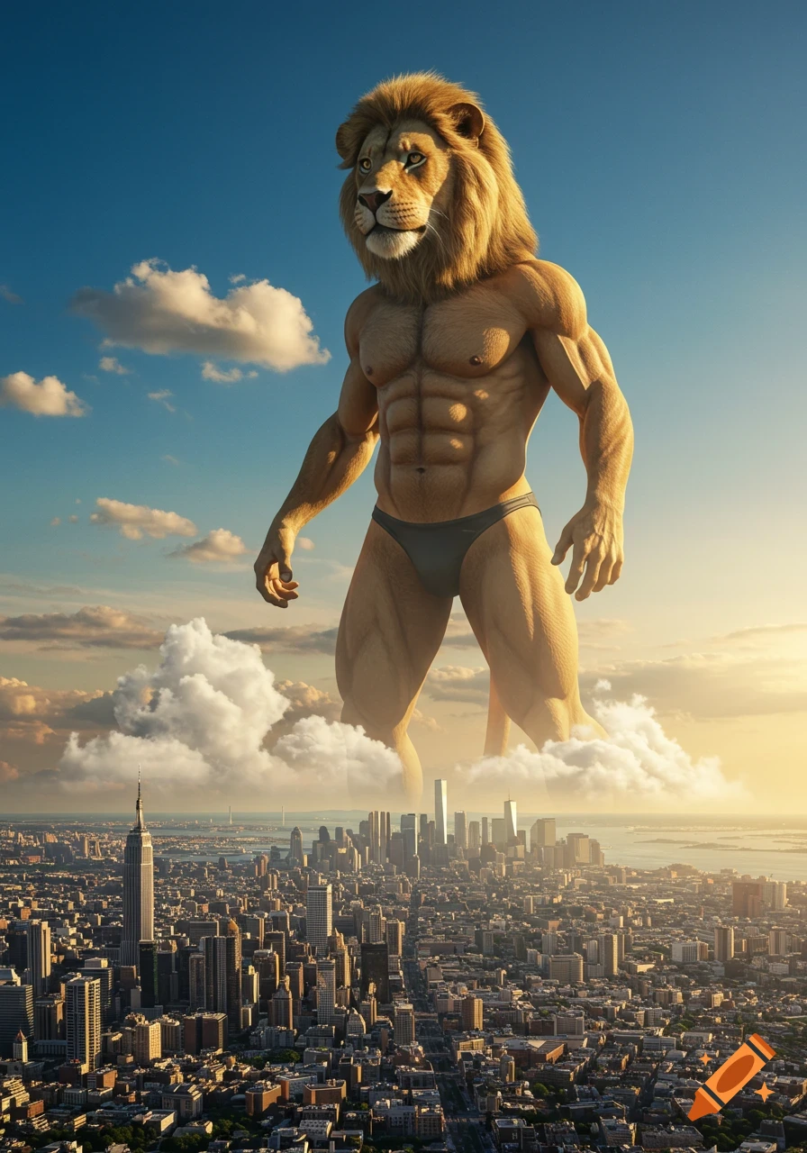 Photorealistic gigantic anthropomorphic lion in a speedo, standing in clouds above a vast city at sunset.