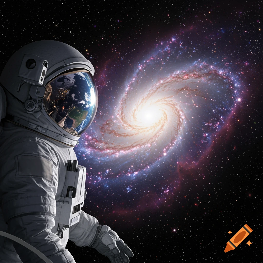 Photorealistic astronaut floats in deep space, Earth reflected in visor, gazing at a vibrant spiral galaxy.