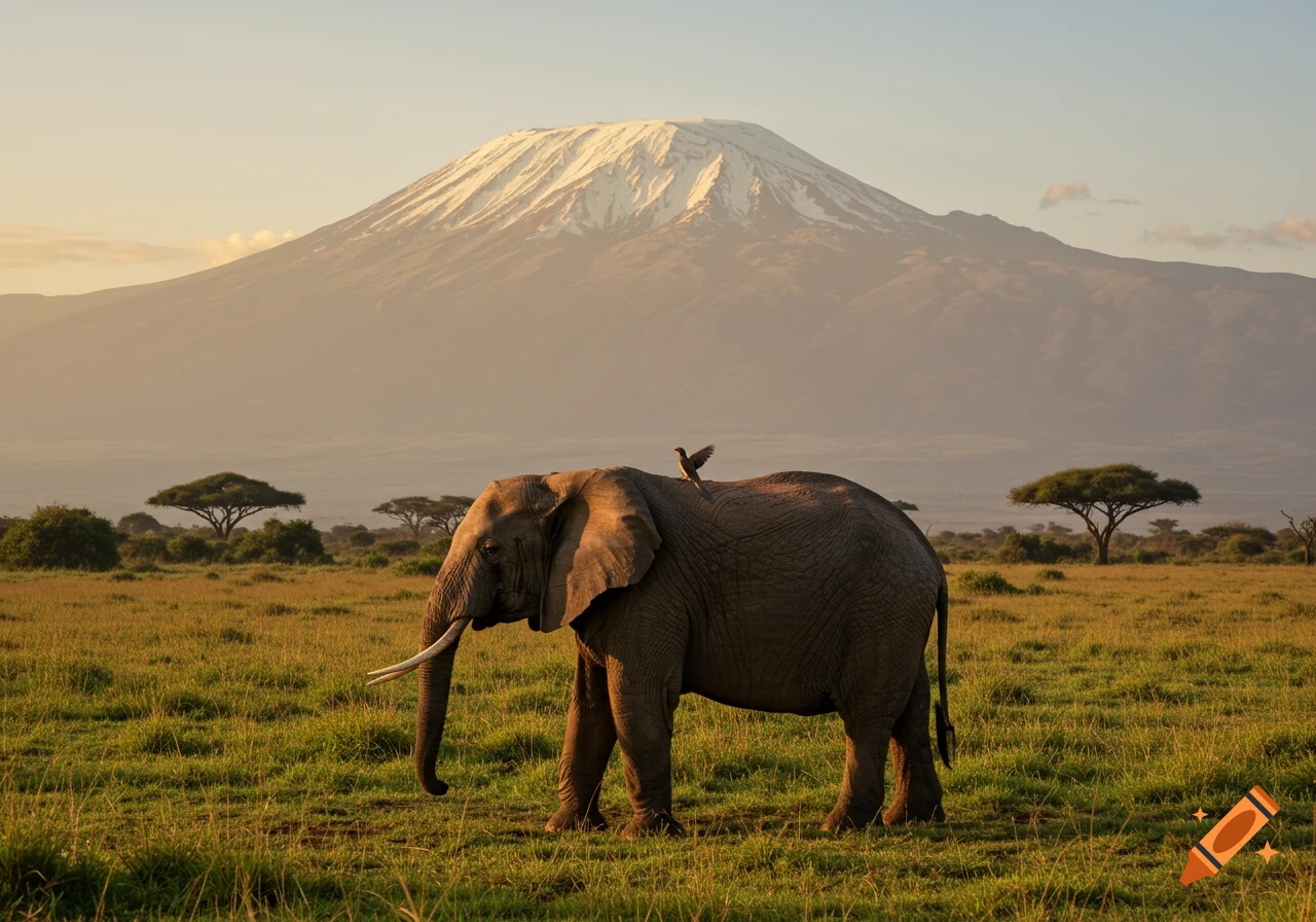 Photorealistic image of an elephant with a bird on its back in an African savanna, with Mount Kilimanjaro in the background.