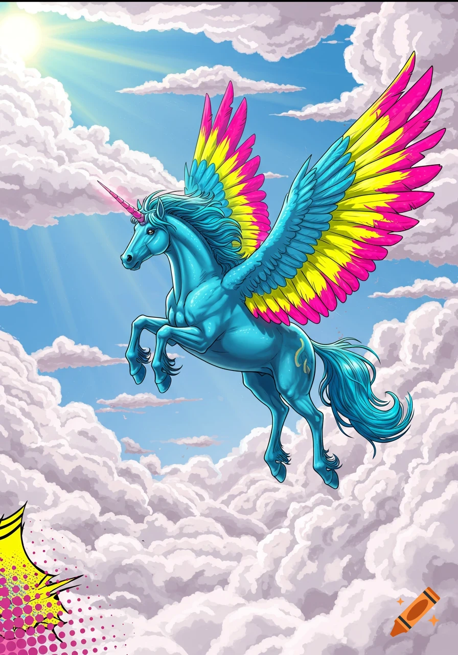 A blue unicorn with vibrant pink, yellow, and blue wings flies through a sunny sky with white clouds, in a pop art style.