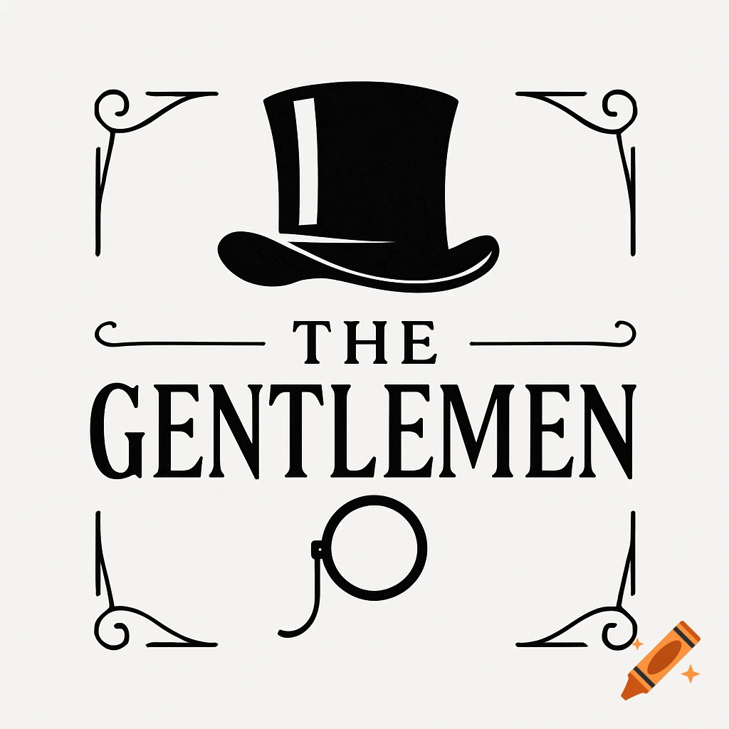 Black and white logo with a top hat, the text 'THE GENTLEMEN', and a monocle in a vintage style.
