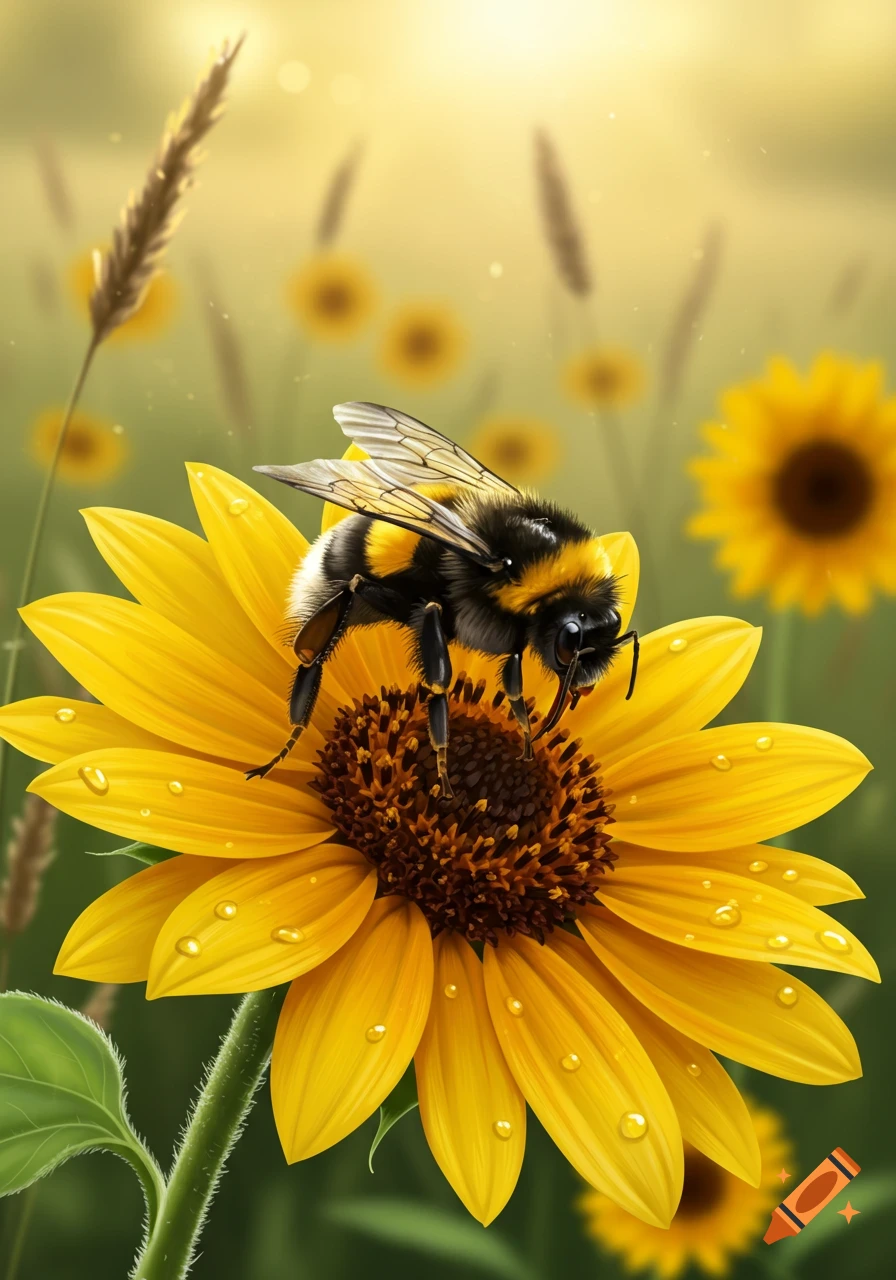 Close-up of a fluffy bumblebee on a vibrant yellow sunflower with dew drops, bathed in warm golden light.