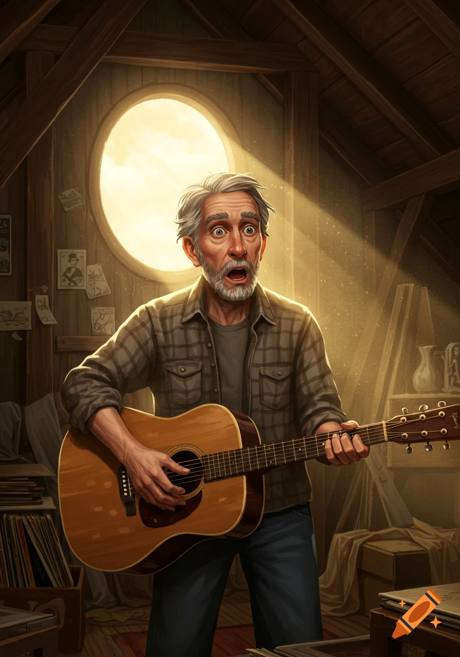 An illustration of a startled older man with gray hair playing an acoustic guitar in a dusty attic with sun rays.