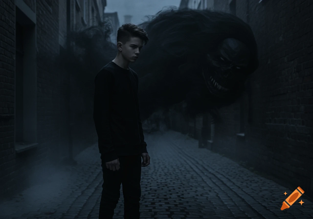 A solemn teenage boy stands in a dark, foggy cobblestone alley, looking away from a menacing, shadowy monster with a skull face and sharp teeth looming behind him.