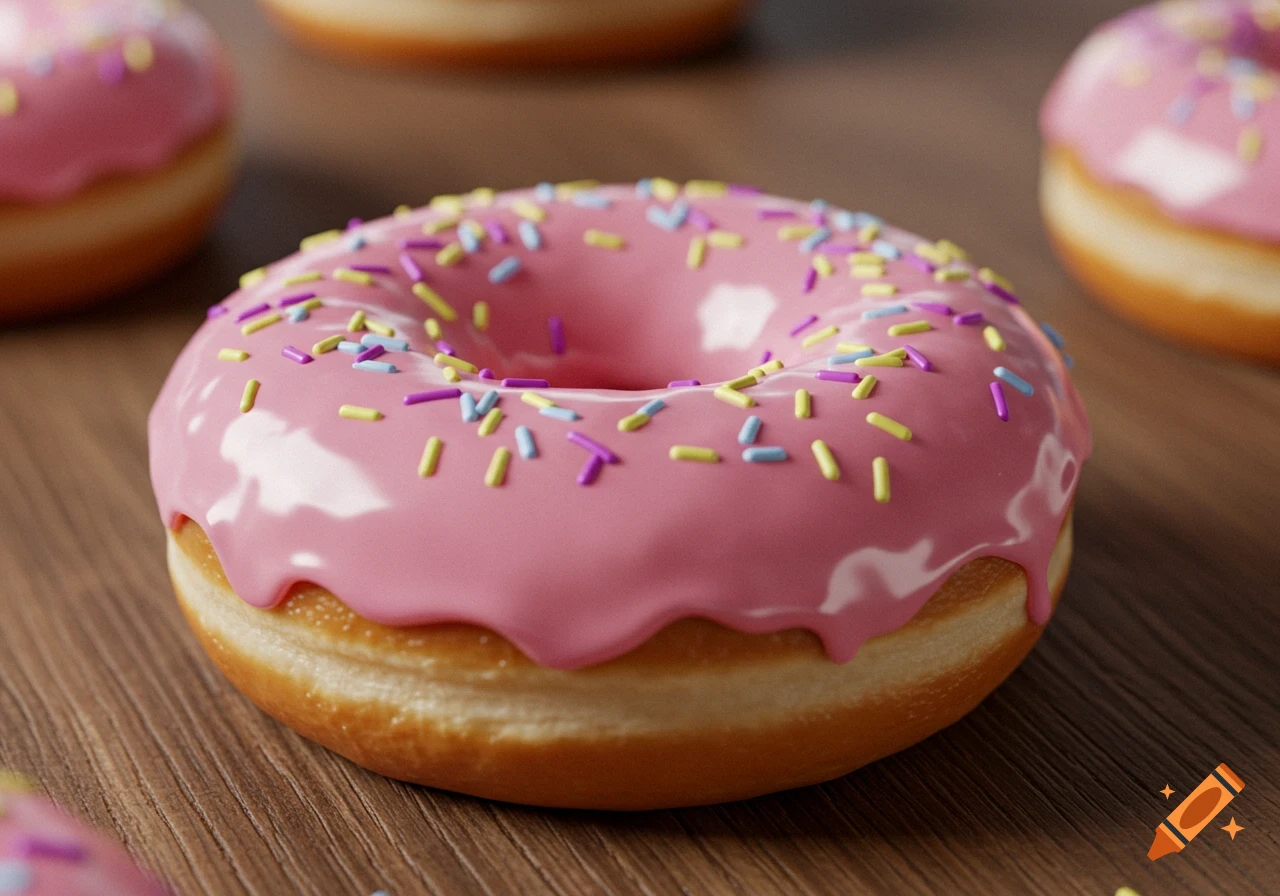 Close-up of a pink glazed donut with colorful sprinkles on a wooden table, photorealistic style.