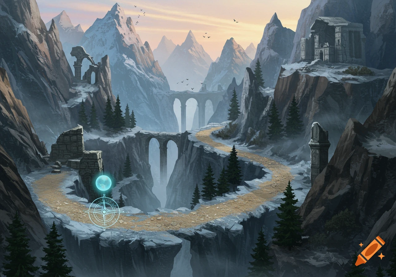 A fantasy landscape of a winding snowy mountain pass with ancient stone bridges, ruins, pine trees, and a glowing orb, at sunset.