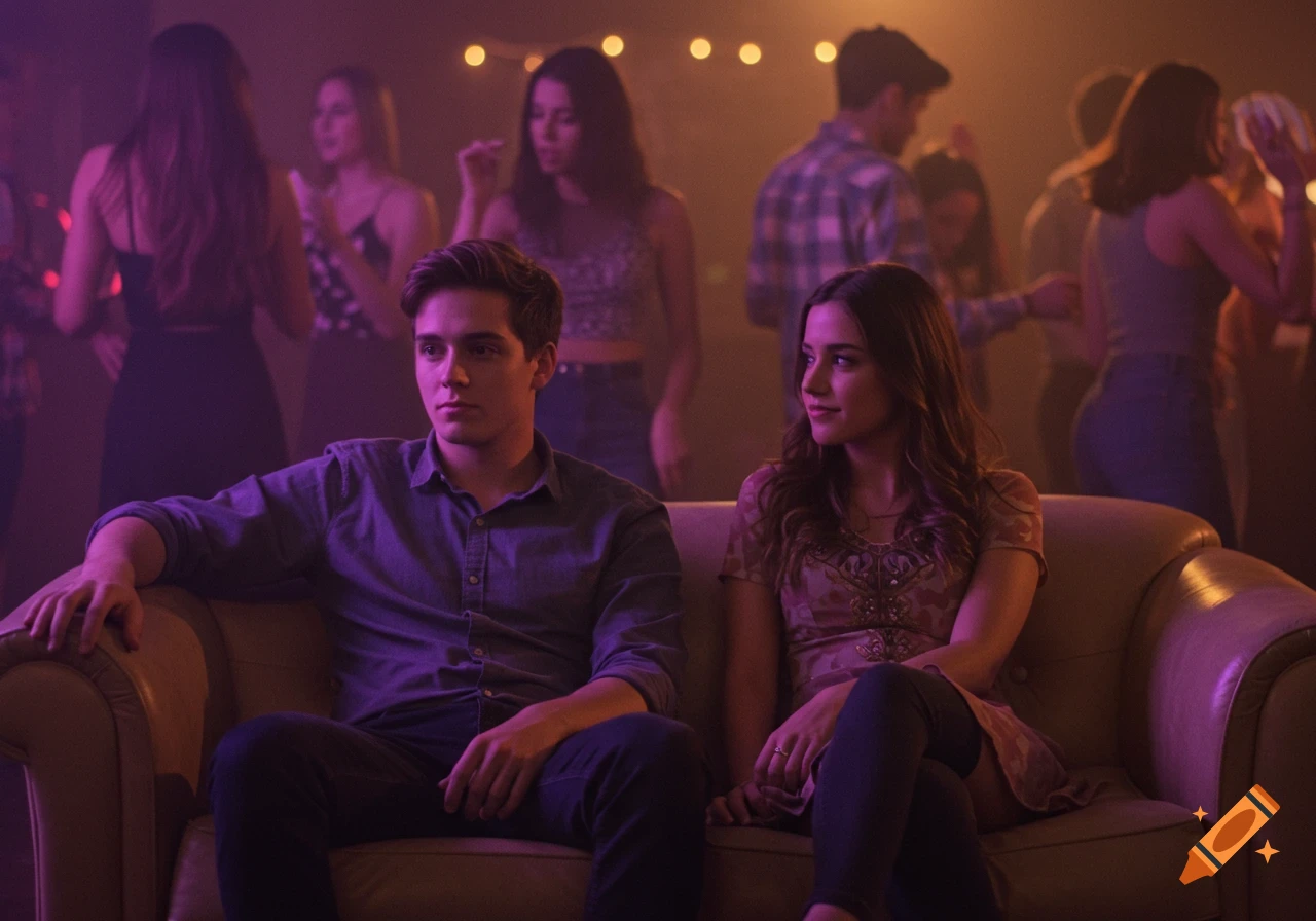 Young man and woman on a couch at a blurry, purple-lit party, surrounded by dancing silhouettes.