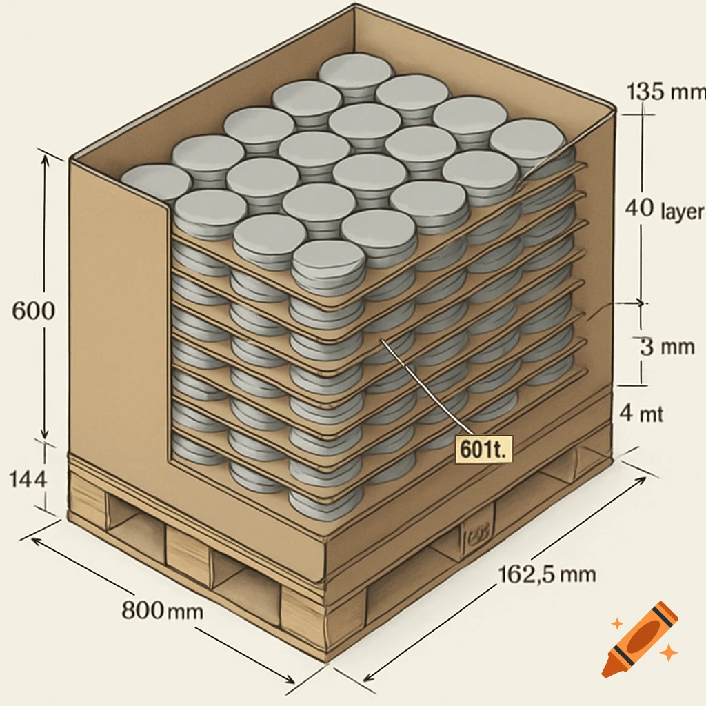An isometric technical drawing shows a cardboard box filled with layers of aluminum discs, resting on a wooden pallet, with dimensions annotated.