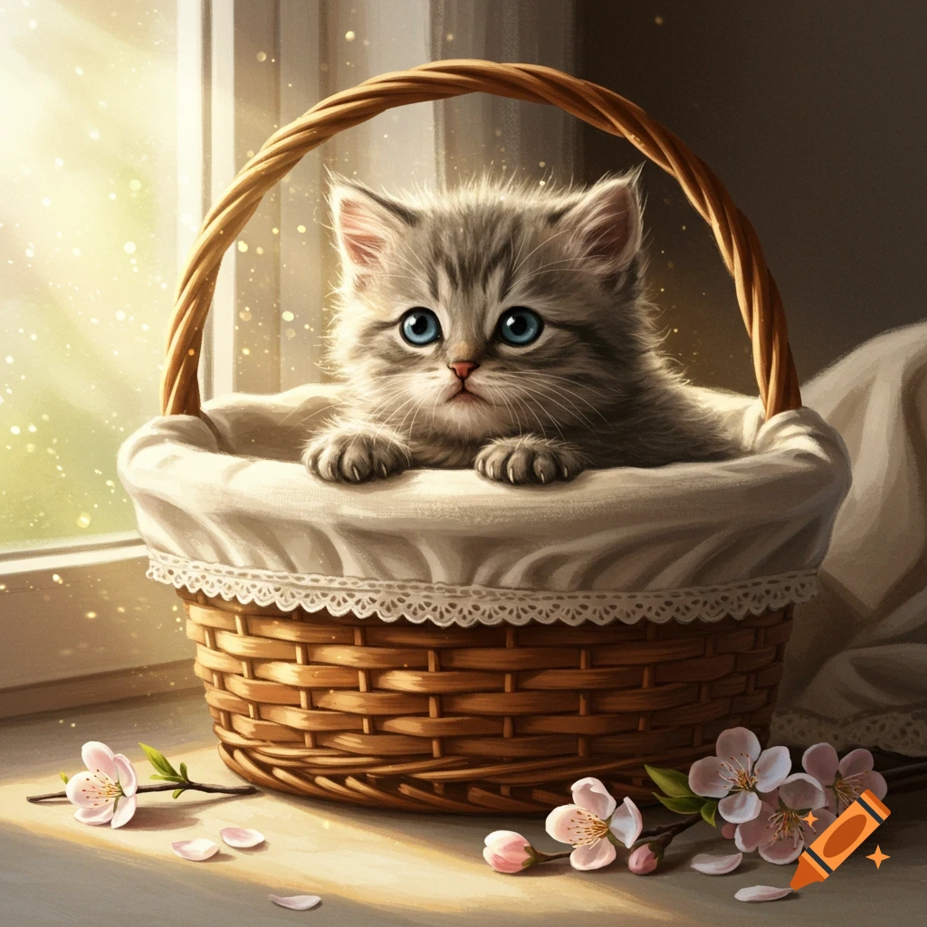 A fluffy grey kitten with big blue eyes sits in a wicker basket with a white liner, near a sunlit window with pink blossoms.