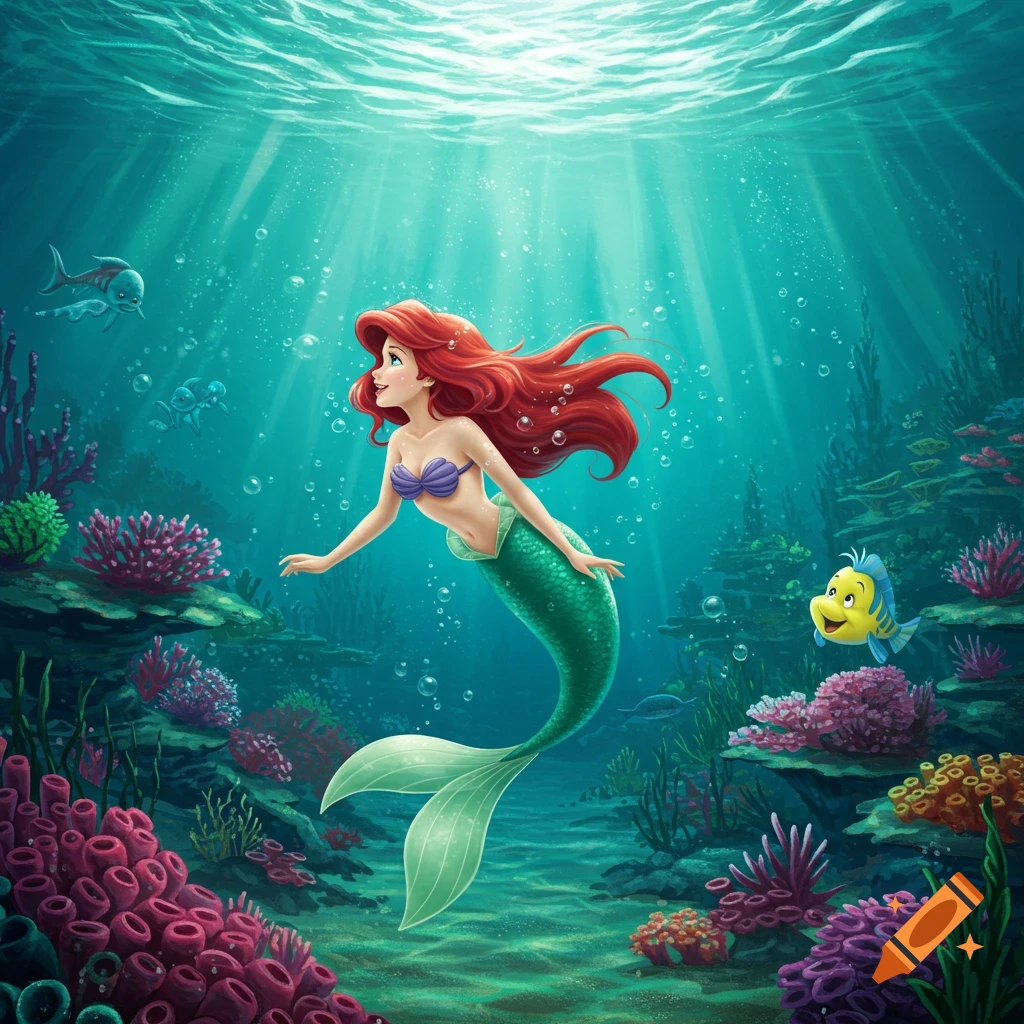 Ariel, the Little Mermaid, gracefully swims through a vibrant underwater coral reef with Flounder beside her, light rays shining from above.