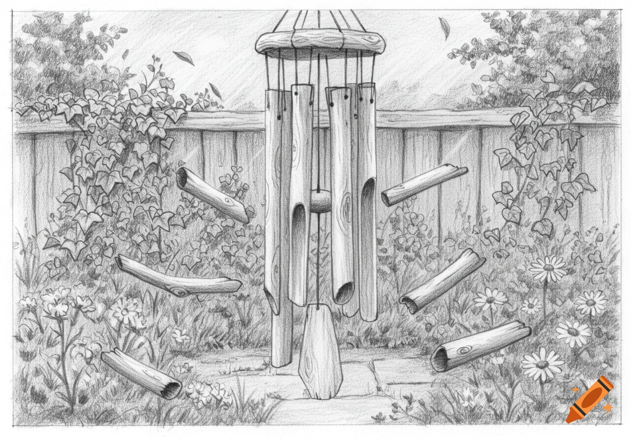 A detailed pencil sketch of a wooden wind chime in a garden, surrounded by ivy and daisies.