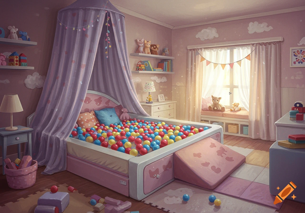 A pastel pink child's bedroom with a bed serving as a ball pit, a canopy, shelves of toys, and sunlight streaming through a window.