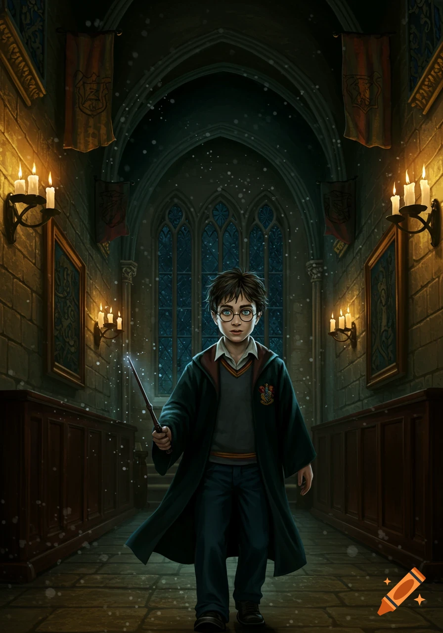 Illustrated depiction of Harry Potter in a snowy, candlelit stone hallway, holding his wand.