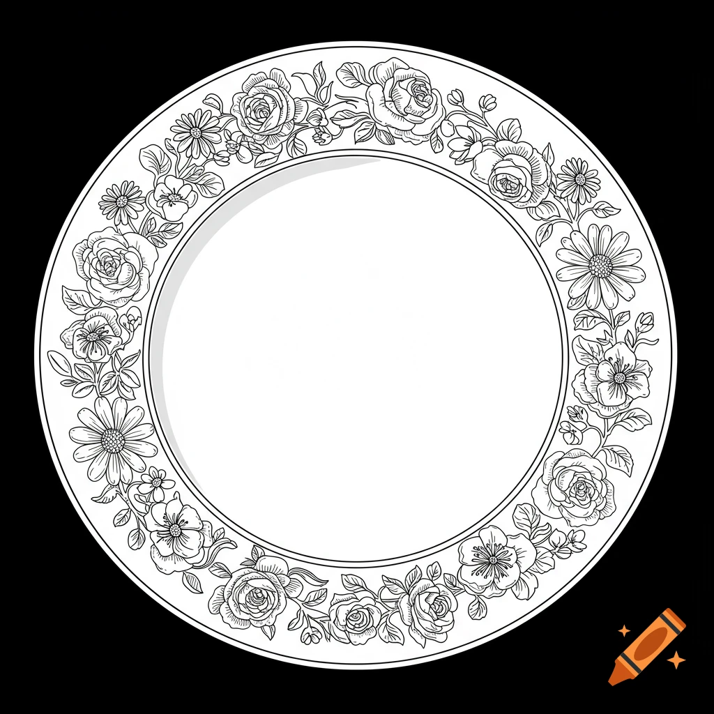 A white plate with a detailed black line art vintage floral pattern on its rim, against a black background.
