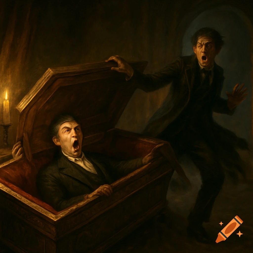Two men in a dark, candlelit room. One sits up screaming in a coffin while another recoils in terror. Painterly style.