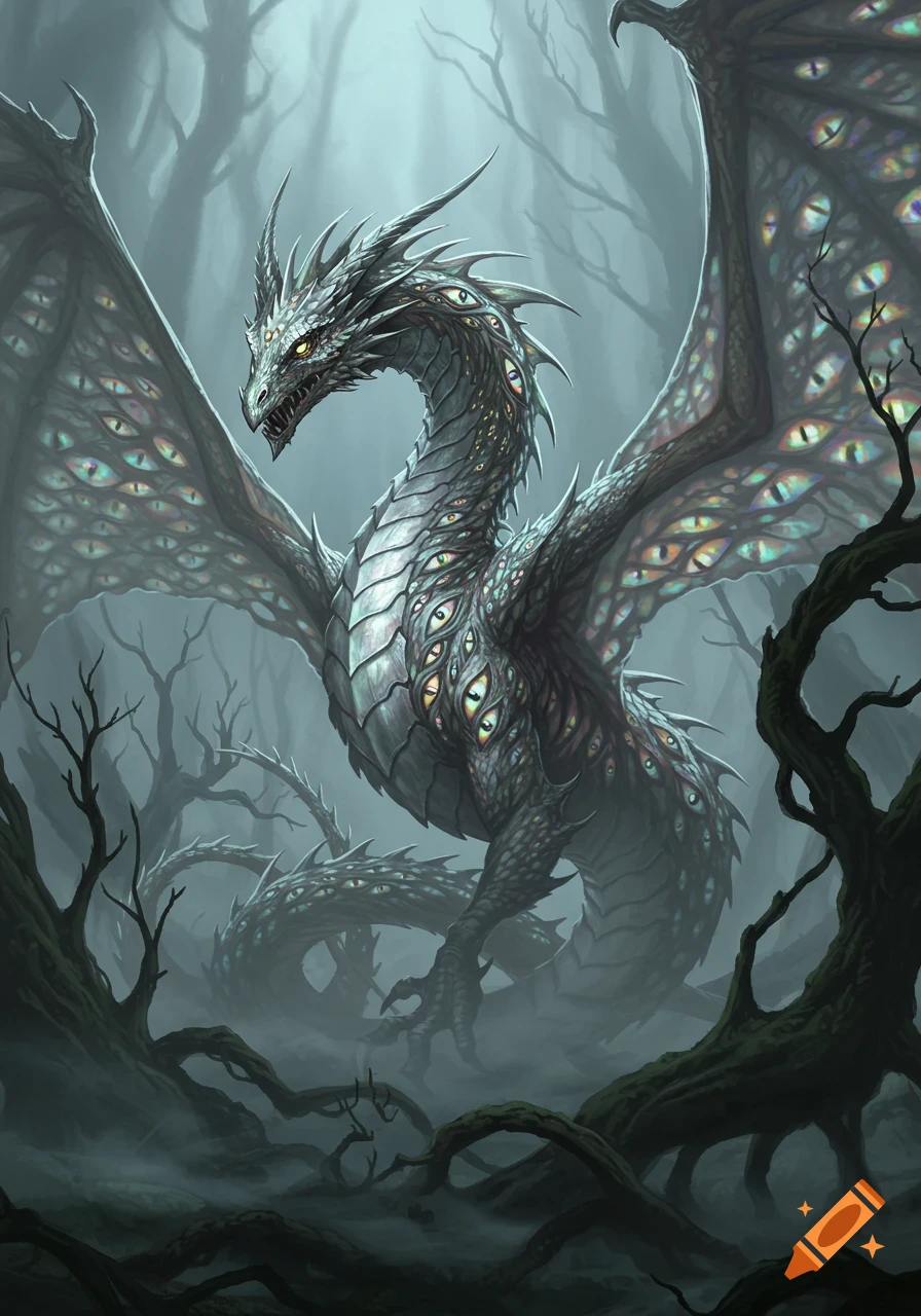 An eldritch dragon with countless eyes on its body and wings stands in a misty, dark forest.