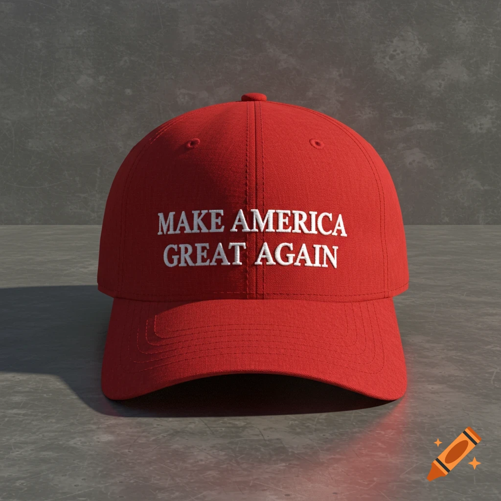 A photorealistic image of a red baseball cap with "MAKE AMERICA GREAT AGAIN" written in white letters, on a dark grey background.