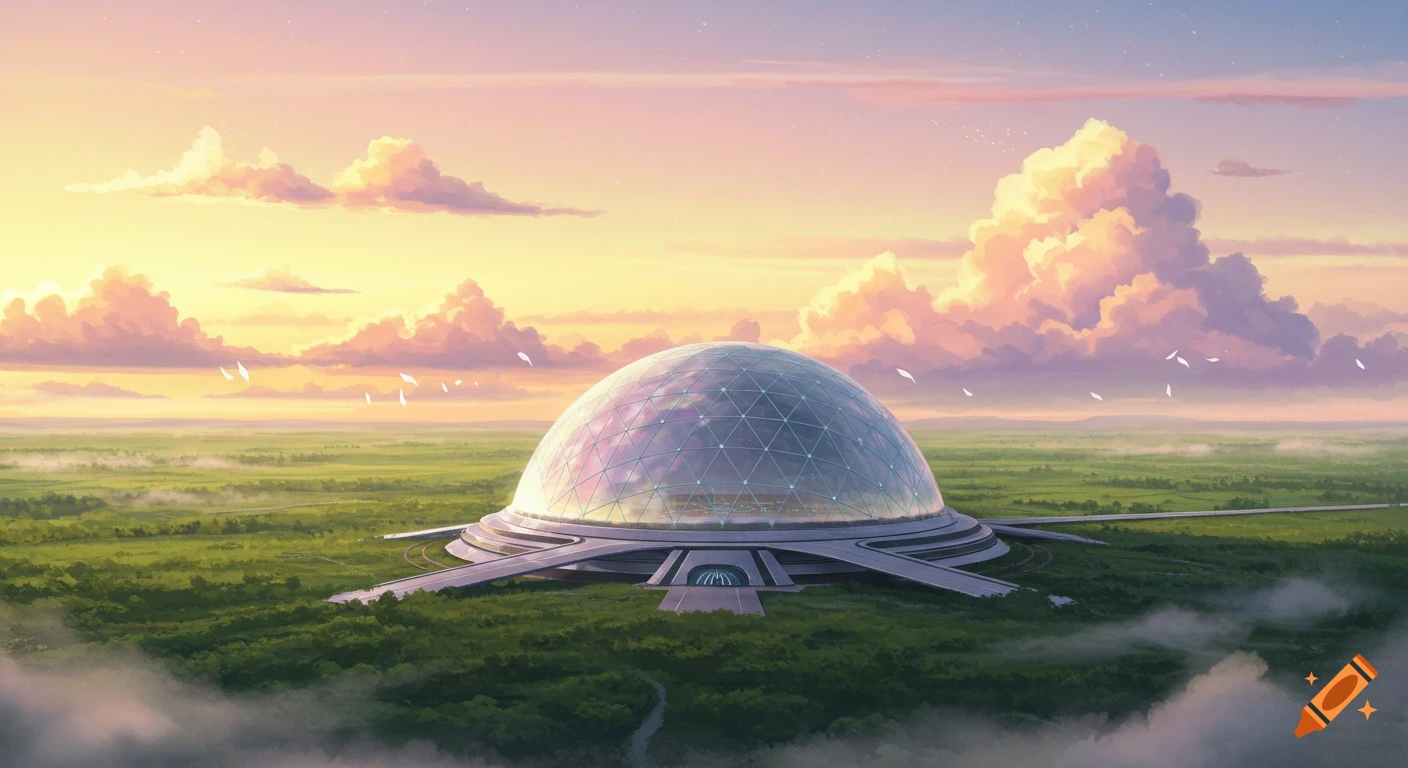 Futuristic geodesic dome in a lush green landscape at sunset with vibrant pink and orange clouds.