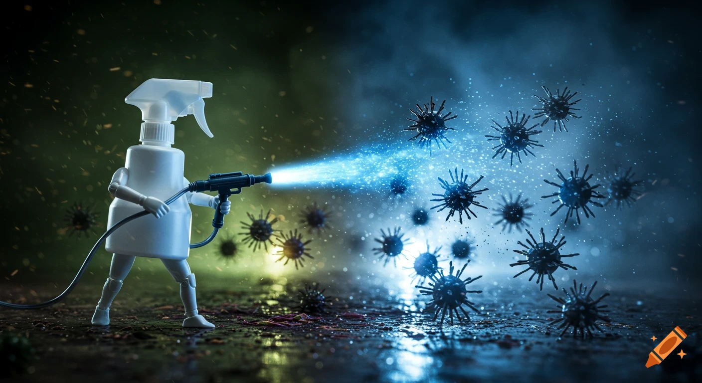 Anthropomorphic spray bottle warrior blasts blue disinfectant at spiky germ creatures in a cinematic, action-packed scene.