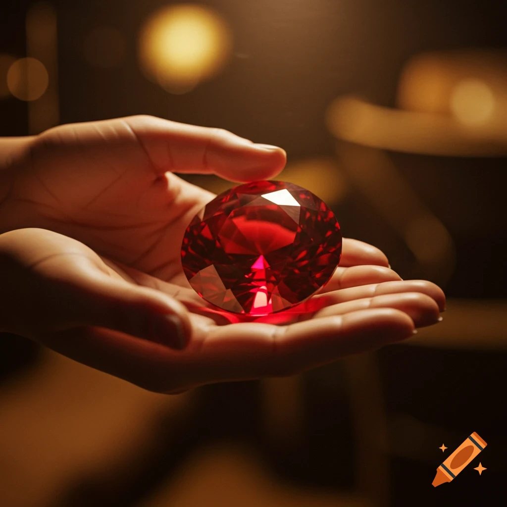 A pair of hands gently cupping a large, faceted red ruby, glowing softly in warm, dim light.