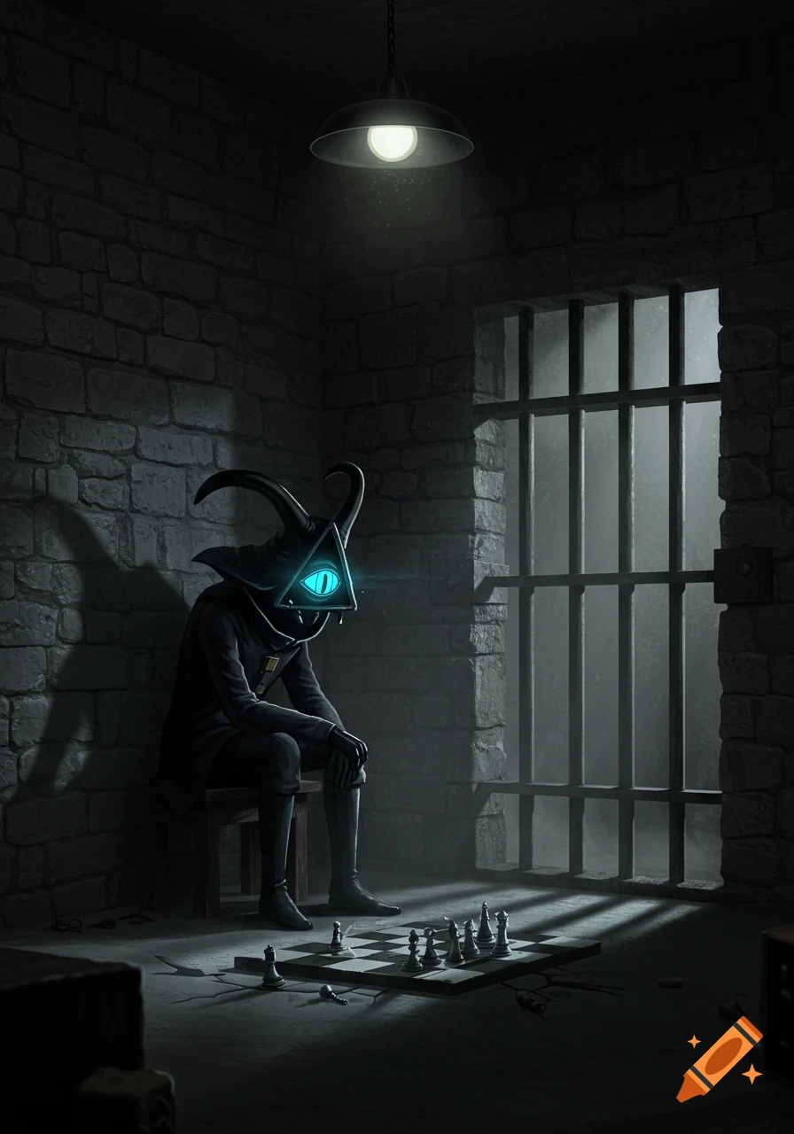 A sad, triangular, one-eyed character with horns, resembling Bill Cipher, sits on a stool in a dark prison cell, contemplating a chessboard on the floor.