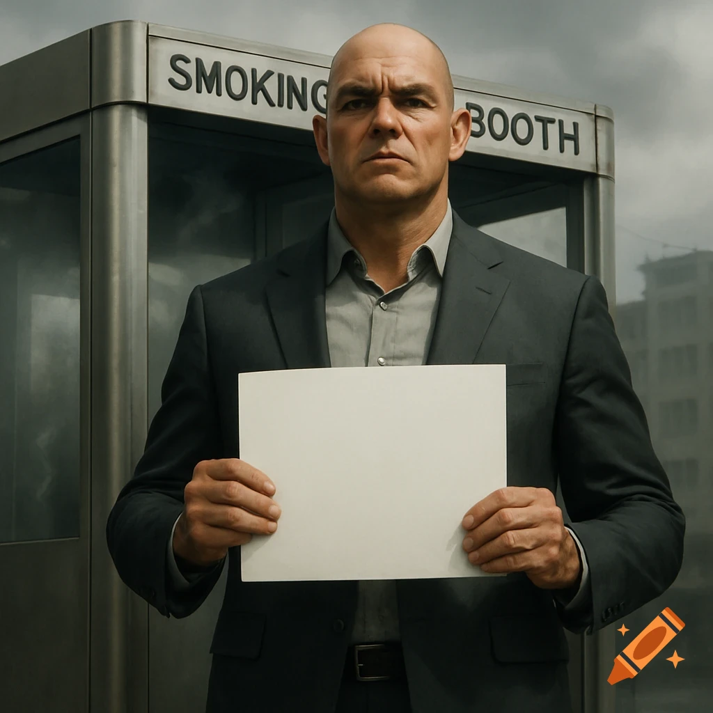 Photorealistic portrait of a bald, stern man in a dark suit holding a blank white sign in front of a smoking booth.