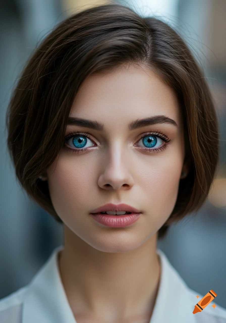 Photorealistic close-up portrait of a short-haired brunette woman with striking blue eyes.
