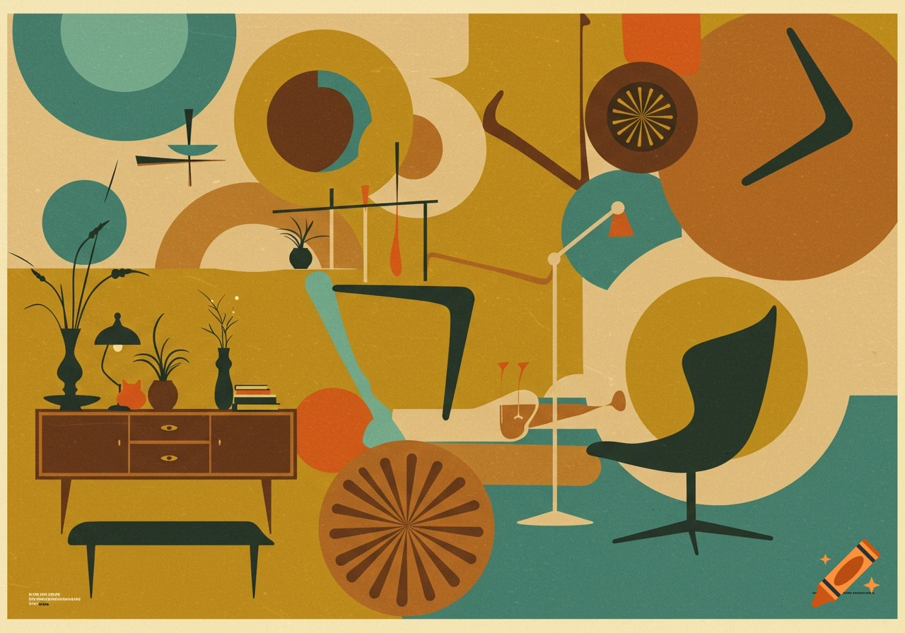 Abstract geometric mid-century modern interior with stylized furniture, plants, and lamps in a retro vintage color palette.