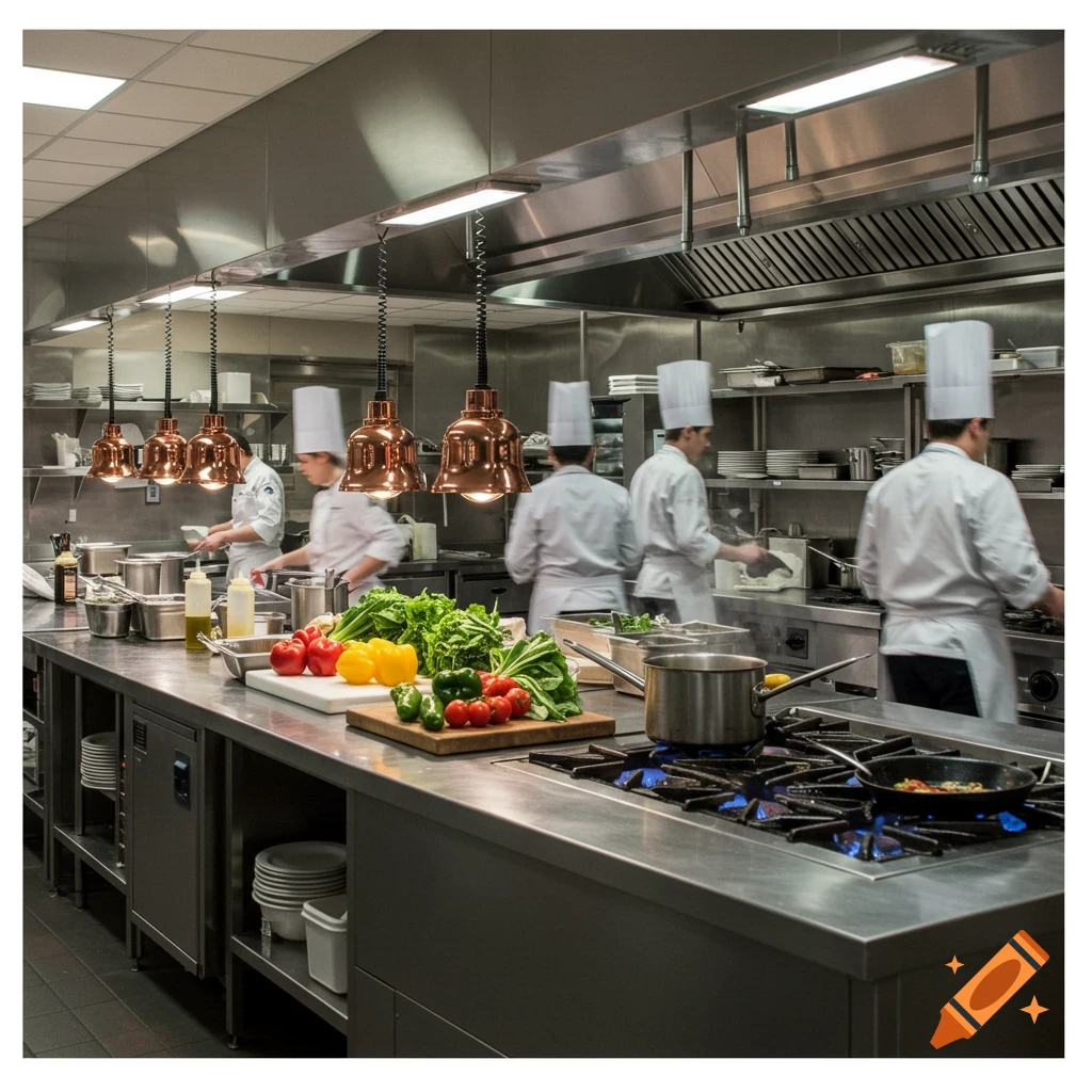 Photorealistic image of chefs working in a busy, stainless steel commercial kitchen, preparing food at various stations.