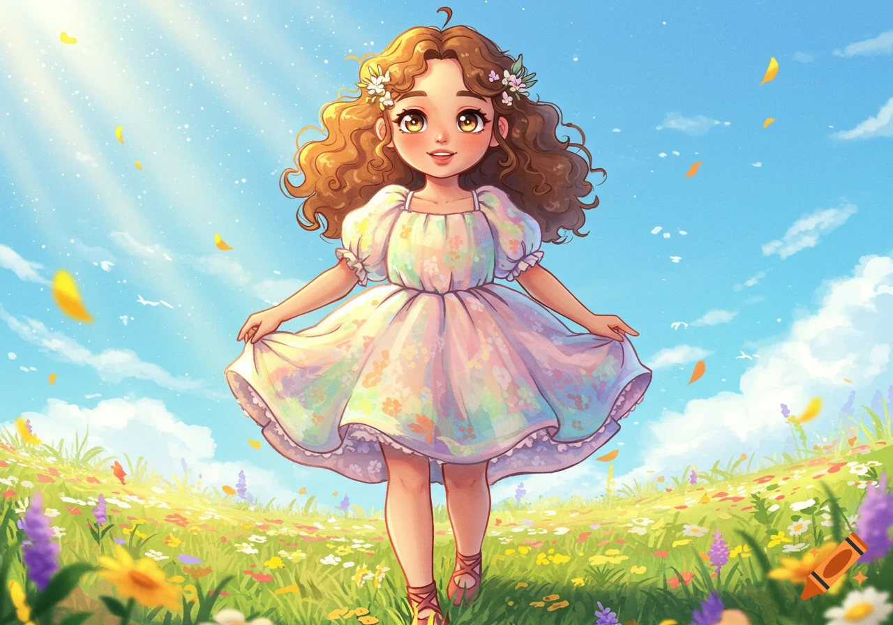A cartoon girl with curly hair and a floral dress walks through a bright wildflower field under a sunny sky.