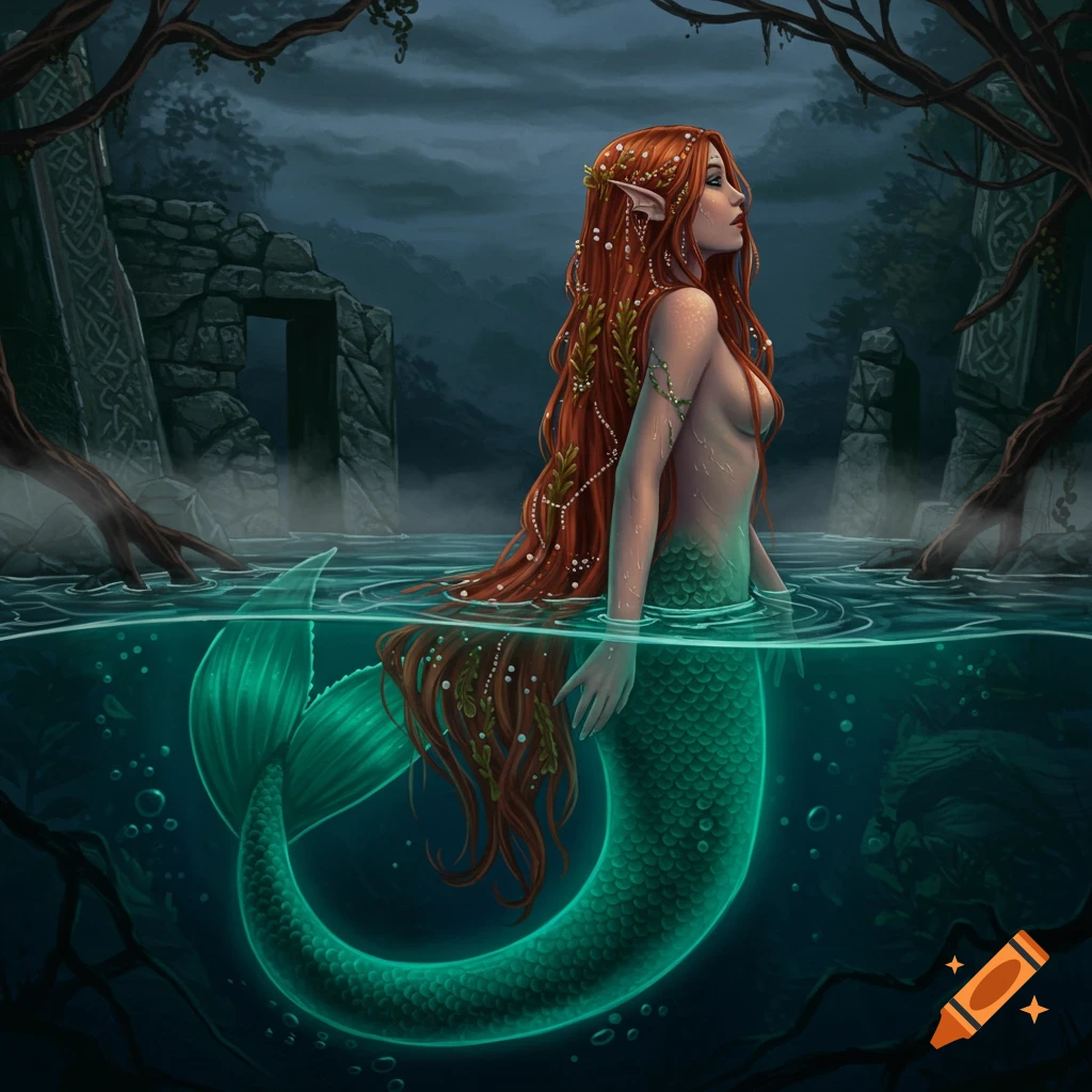 Red-haired mermaid with a glowing teal tail emerges from dark water amidst ancient ruins and gnarled trees, fantasy art.