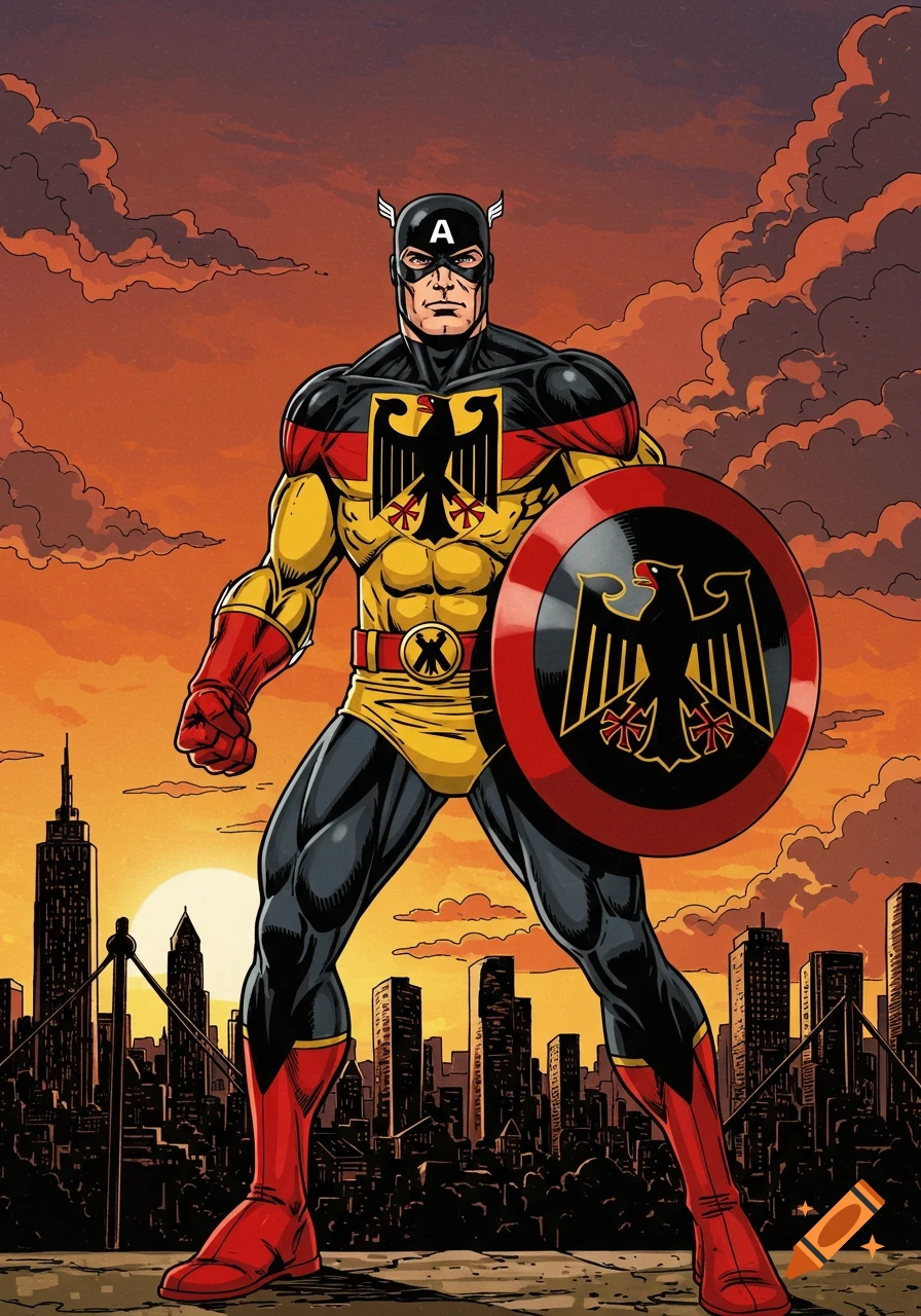 A muscular Captain Germany superhero in a black, red, and yellow costume with the German eagle, standing against a sunset cityscape in comic book style.