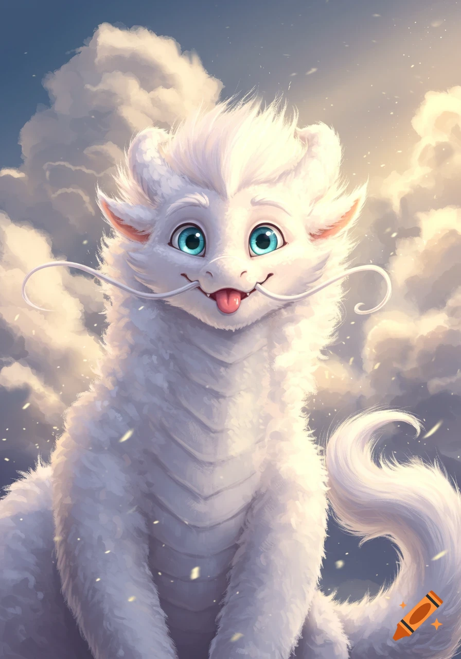 A cute, fluffy white cartoon dragon with bright blue eyes smiles and sticks out its tongue, against a cloudy, golden sky.