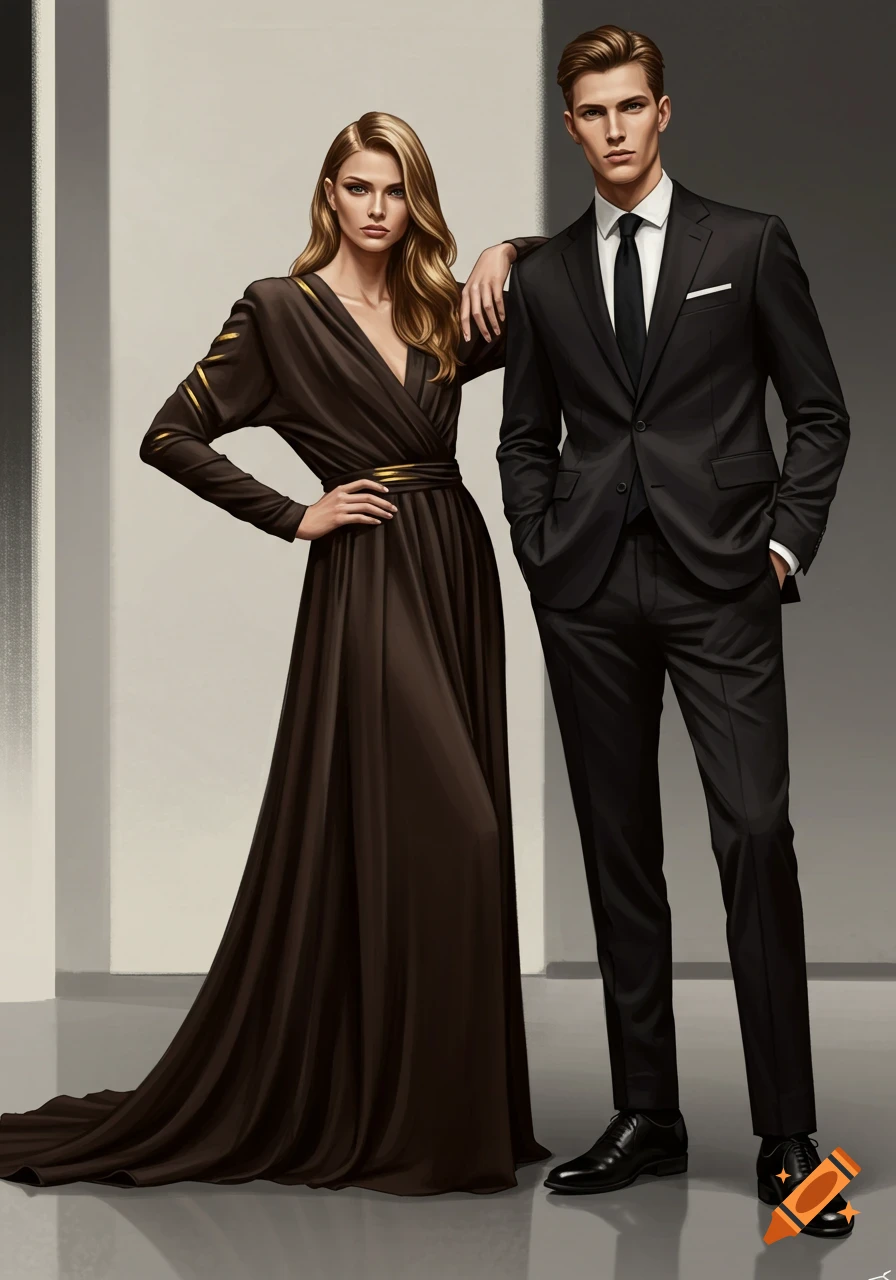 A man in a black suit and a woman in a flowing dark brown dress with gold accents pose elegantly in a minimalist setting.