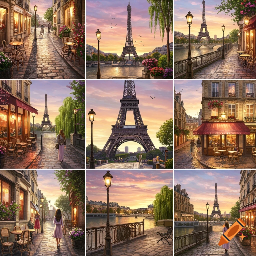 A grid of nine charming illustrations depicting various Parisian street scenes at sunset, with the Eiffel Tower visible in multiple views.