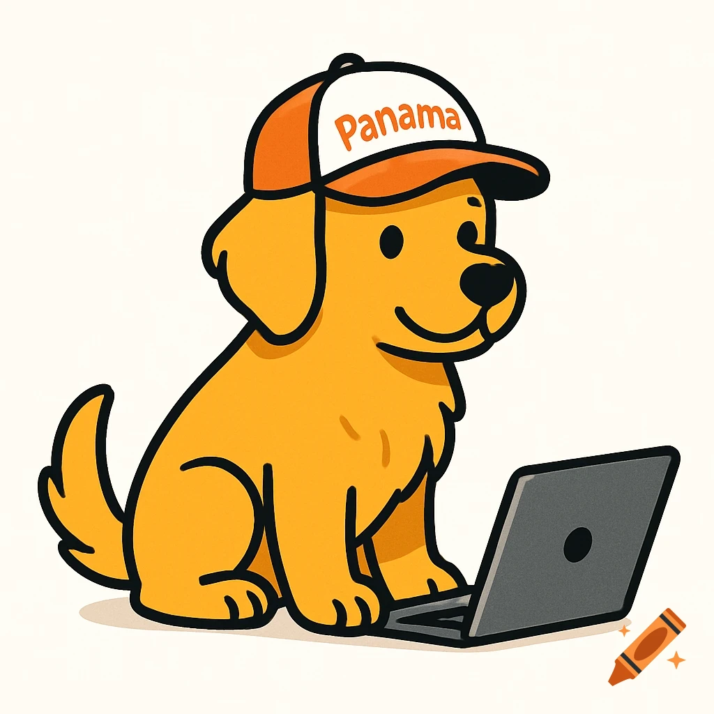 A minimal cartoon golden retriever wearing a Panama baseball cap, sitting in front of a laptop on a white background.