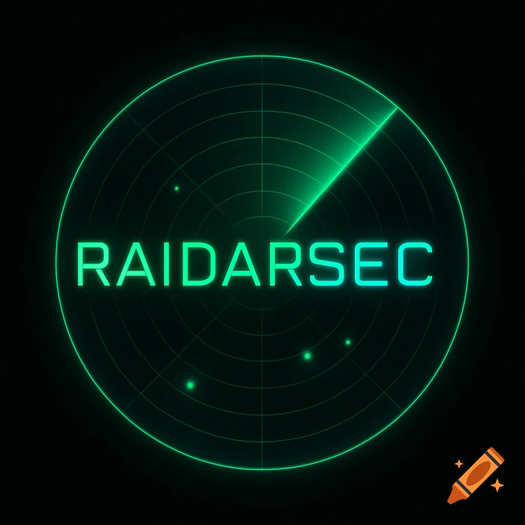 A glowing green radar screen on a black background, with concentric circles and a sweeping arm. The word RAIDARSEC is in bright green neon letters.