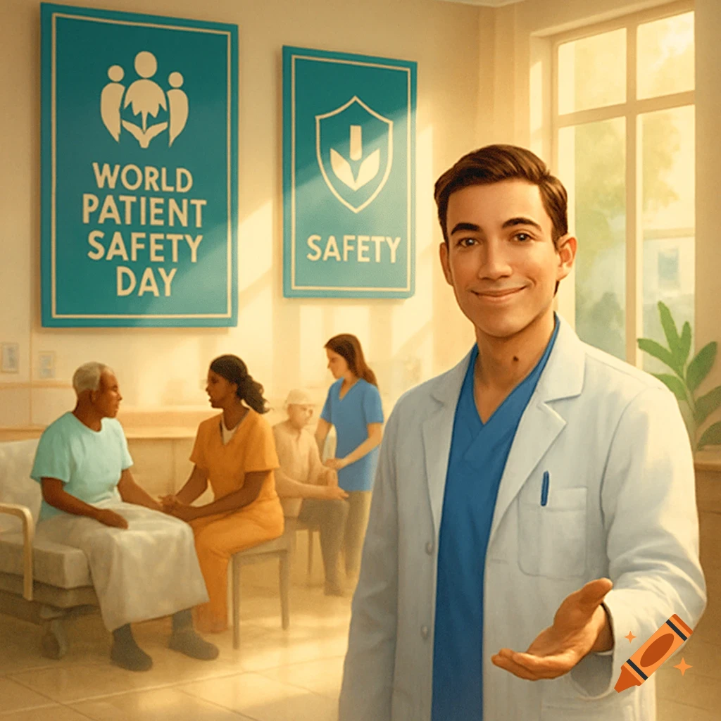 An illustrated male doctor in a lab coat smiles, gesturing in a hospital room with patients, staff, and 'World Patient Safety Day' signs.