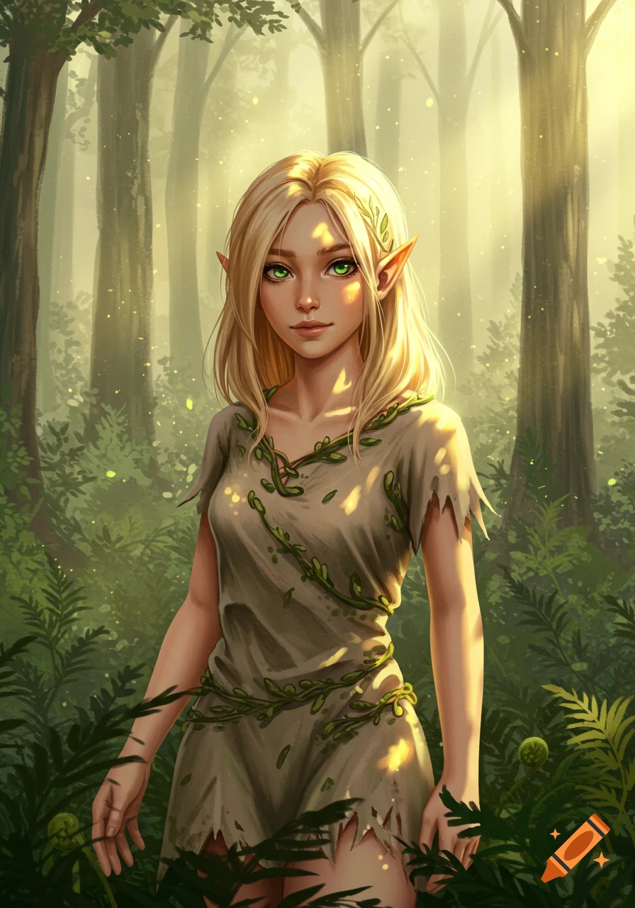 A blonde elf girl with green eyes and pointy ears wears a leaf-covered dress, standing in a sunlit forest. Digital painting.