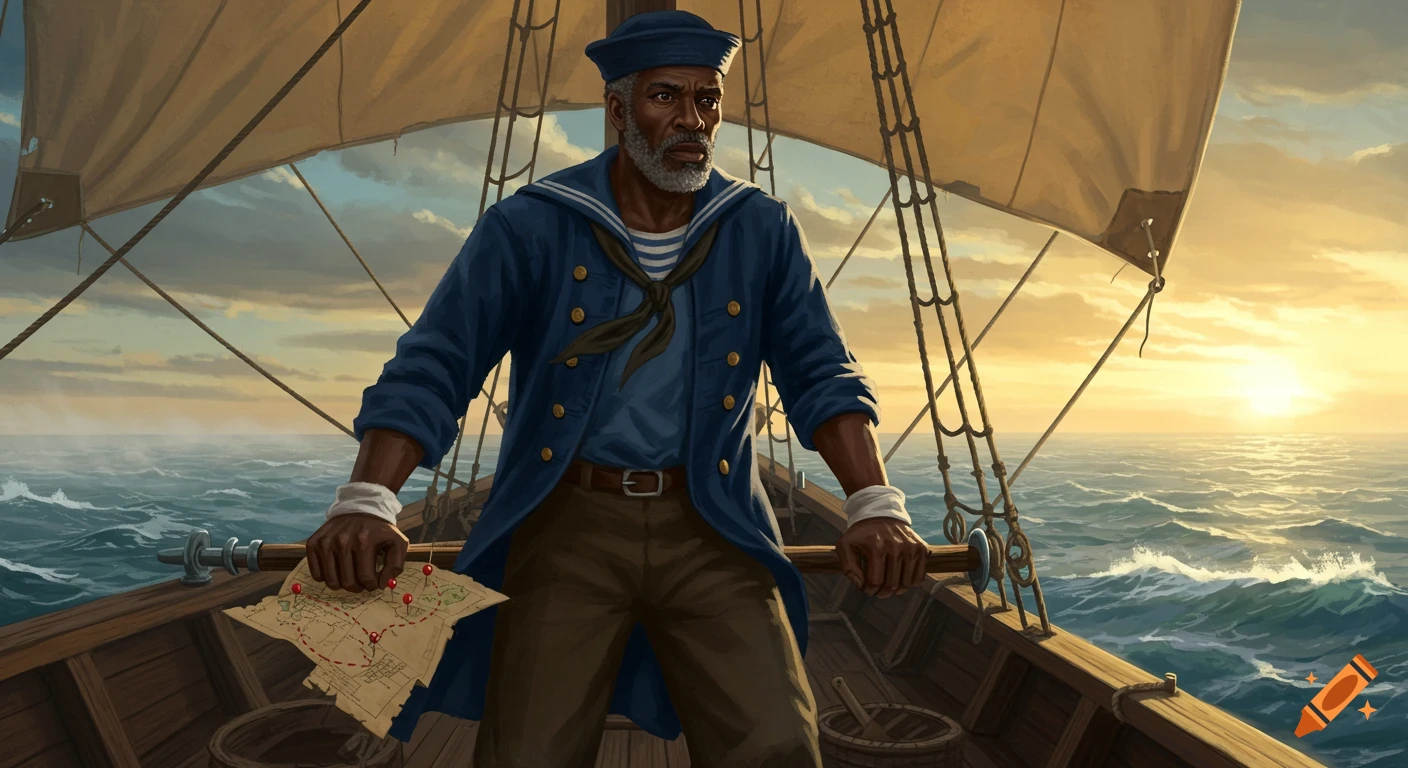 An old Black sailor stands at the helm of a wooden ship at sunset, holding a map, in a digital painting.