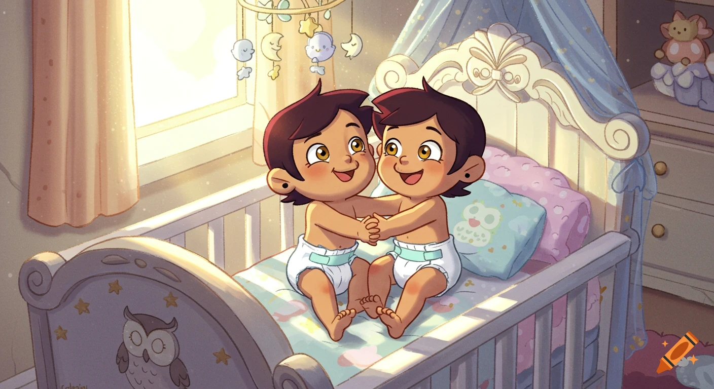 Cartoon babies, Luz and Amity, hugging while sitting in a cozy crib in a sunlit nursery.