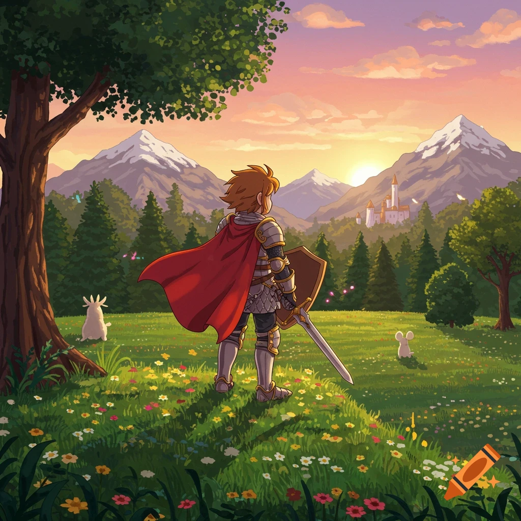 Cartoon knight in a red cape views a castle and mountains at sunset from a wildflower field.